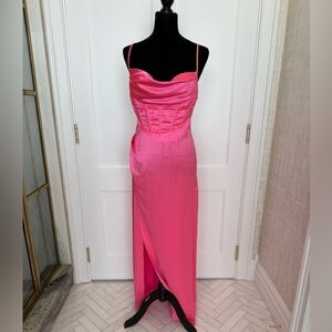 Retrofete Strapless hot  Pink Satin Gown with high slit